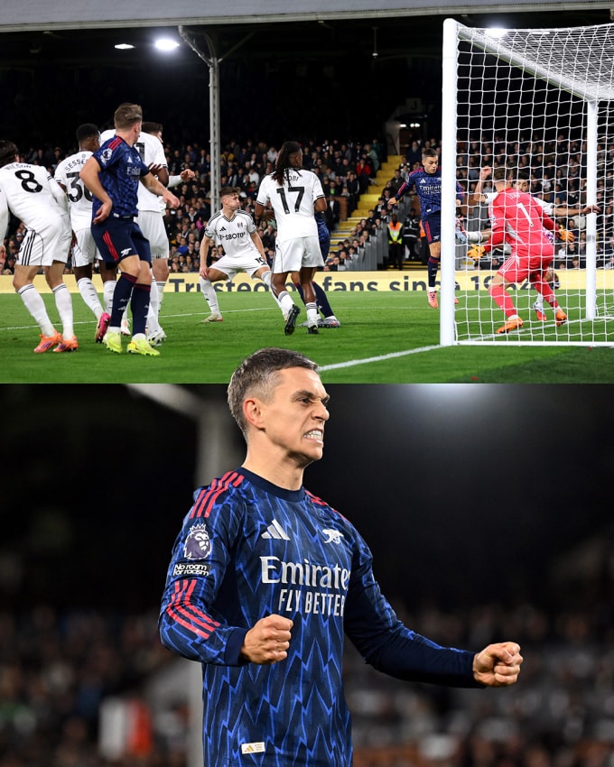Leandro Trossard ghi bàn và ăn mừng trong trận Arsenal thắng Fulham 1-0 ở vòng 8 Ngoại hạng Anh trên sân Craven Cottage, London, Anh ngày 18/10/2025. Ảnh: Arsenal FC