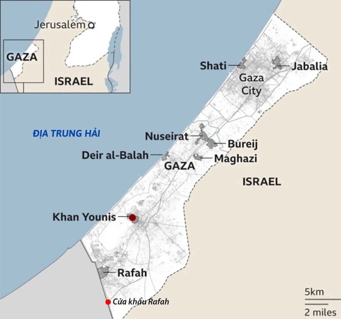Vị trí Rafah và những khu đô thị lớn tại Dải Gaza. Đồ họa: BBC