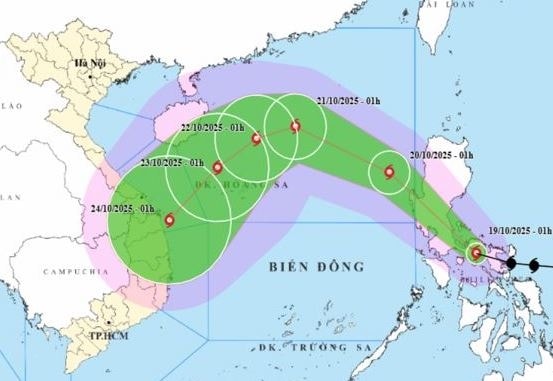 Dự báo hướng đi của bão Fengshen ngày 19/10. Ảnh: NCHMF