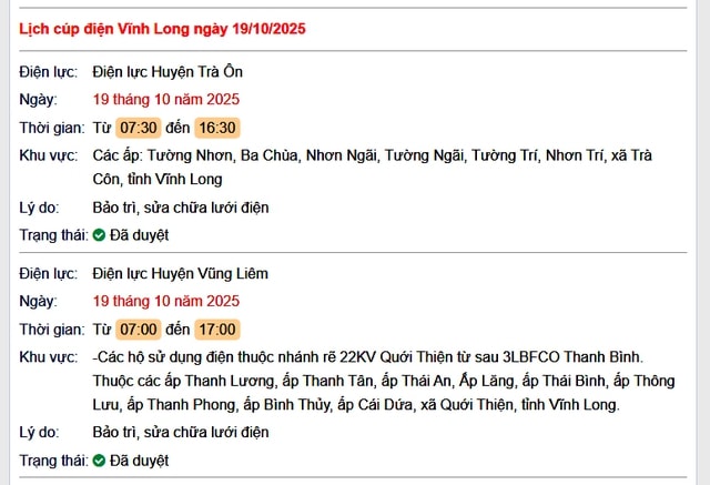 Tra cứu lịch cúp điện hôm nay Chủ Nhật ngày 19/10/2025 tại Vĩnh Long- Ảnh 1. Tra cứu lịch cúp điện hôm nay Chủ Nhật ngày 19/10/2025 tại Vĩnh Long- Ảnh 1.