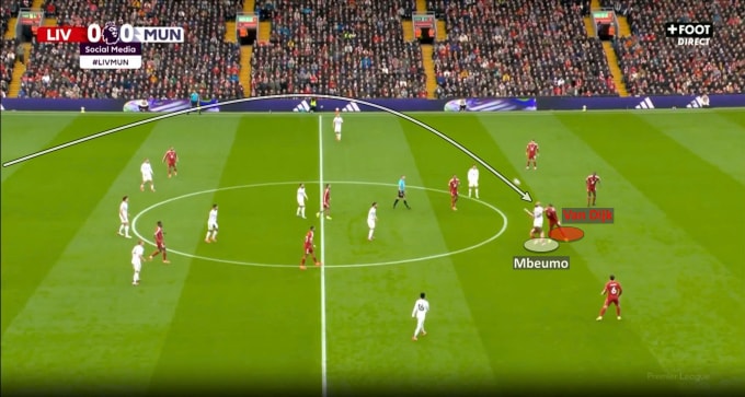 Van Dijk thắng tranh chấp bóng một trước chính Mbeumo, pha bóng dẫn tới va chạm ở vùng đầu của MacAllister.