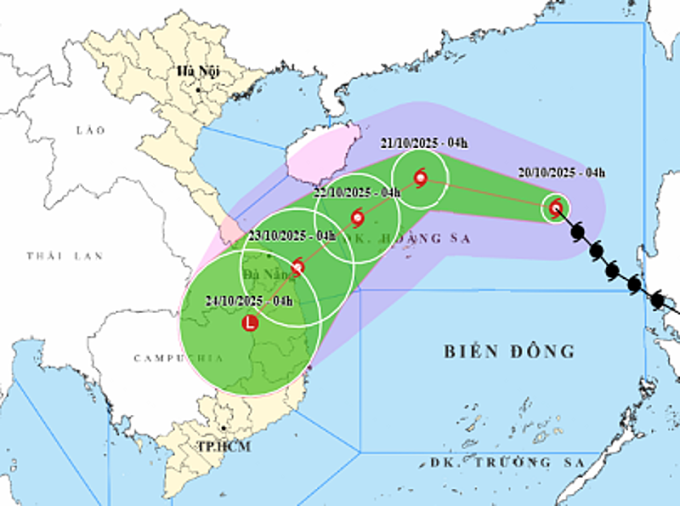 Dự báo hướng đi và vùng ảnh hưởng của bão Fengshen. Ảnh: NCHMF