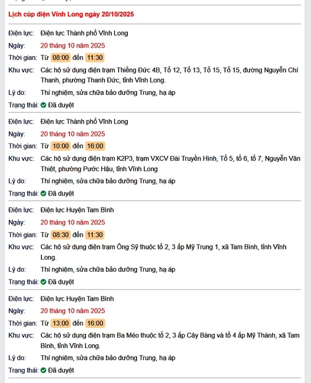 Tra cứu lịch cúp điện hôm nay Thứ 2 ngày 20/10/2025 tại Vĩnh Long- Ảnh 1. Tra cứu lịch cúp điện hôm nay Thứ 2 ngày 20/10/2025 tại Vĩnh Long- Ảnh 1.
