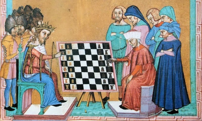Tranh vẽ một ván cờ vua ở thế kỷ 14. Ảnh: Jacobus de Cessolis