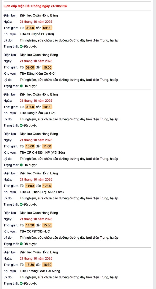 Tra cứu lịch cắt điện Hải Phòng hôm nay Thứ 3 ngày 21/10/2025- Ảnh 1. Tra cứu lịch cắt điện Hải Phòng hôm nay Thứ 3 ngày 21/10/2025- Ảnh 1.