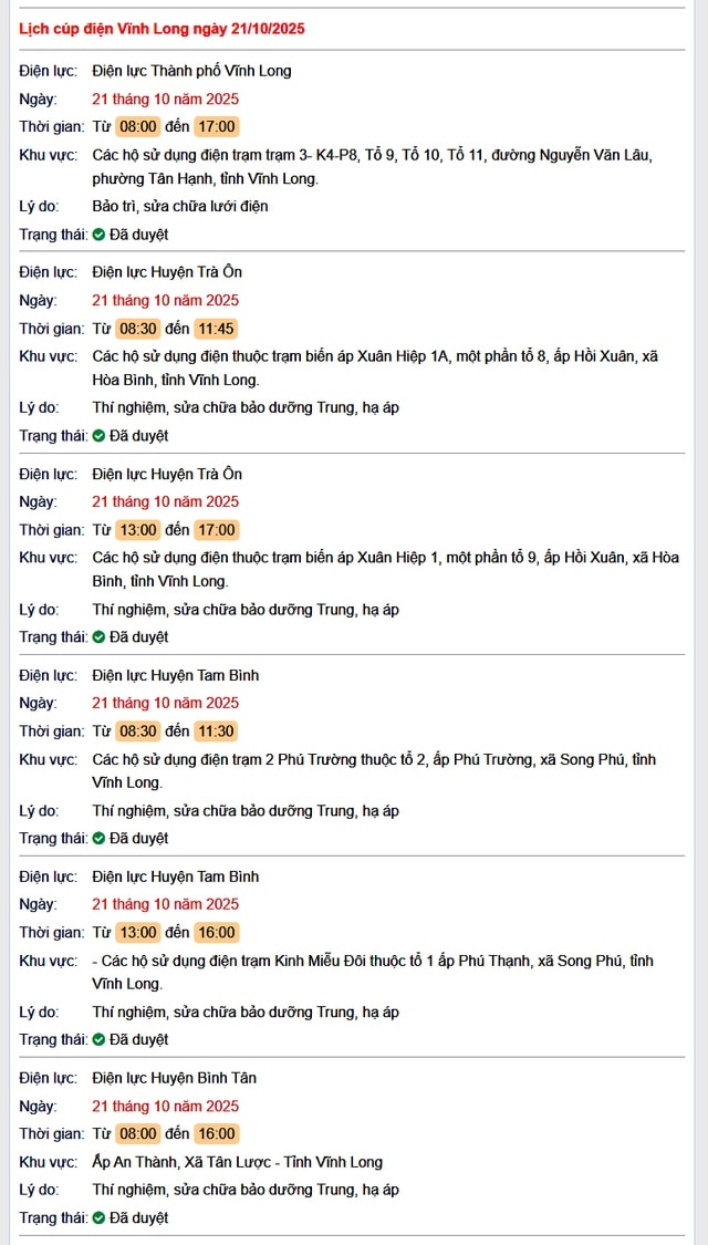Tra cứu lịch cúp điện hôm nay Thứ 3 ngày 21/10/2025 tại Vĩnh Long- Ảnh 1. Tra cứu lịch cúp điện hôm nay Thứ 3 ngày 21/10/2025 tại Vĩnh Long- Ảnh 1.