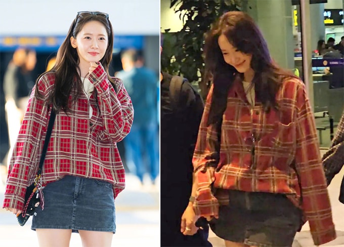 Yoona ở sân bay tại Hàn Quốc (trái) và khi tới Đà Nẵng. Ảnh: Lim Yoona90