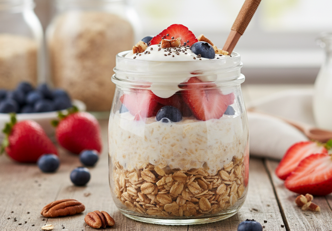 Sữa chua yến mạch quả mỏng giàu protein, ít ảnh hưởng đến đường huyết. Ảnh được tạo bởi AI