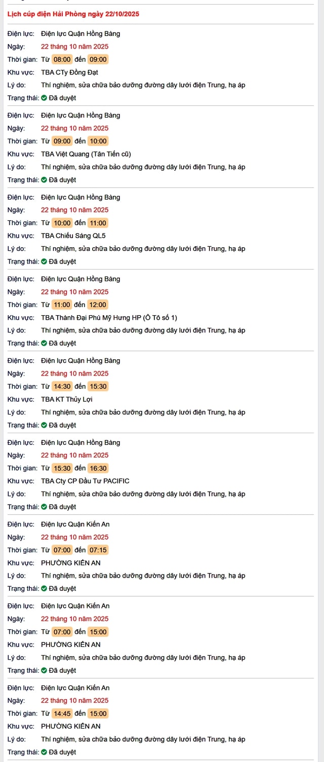 Tra cứu lịch cắt điện Hải Phòng hôm nay Thứ 4 ngày 22/10/2025- Ảnh 1. Tra cứu lịch cắt điện Hải Phòng hôm nay Thứ 4 ngày 22/10/2025- Ảnh 1.