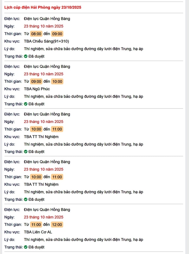 Tra cứu lịch cắt điện Hải Phòng hôm nay Thứ 5 ngày 23/10/2025- Ảnh 1. Tra cứu lịch cắt điện Hải Phòng hôm nay Thứ 5 ngày 23/10/2025- Ảnh 1.