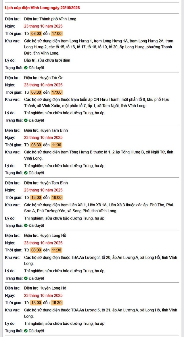 Tra cứu lịch cúp điện hôm nay Thứ 5 ngày 23/10/2025 tại Vĩnh Long- Ảnh 1. Tra cứu lịch cúp điện hôm nay Thứ 5 ngày 23/10/2025 tại Vĩnh Long- Ảnh 1.