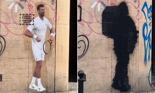 Bức tranh tường mô tả Djokovic tại Wimbledon, trước và sau khi bị tạt sơn tại Belgrade, Serbia. Ảnh: Sports Mail