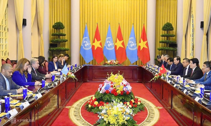 Chủ tịch nước Lương Cường hội đàm với Tổng thư ký Liên Hợp Quốc Antonio Guterres. Ảnh: Giang Huy