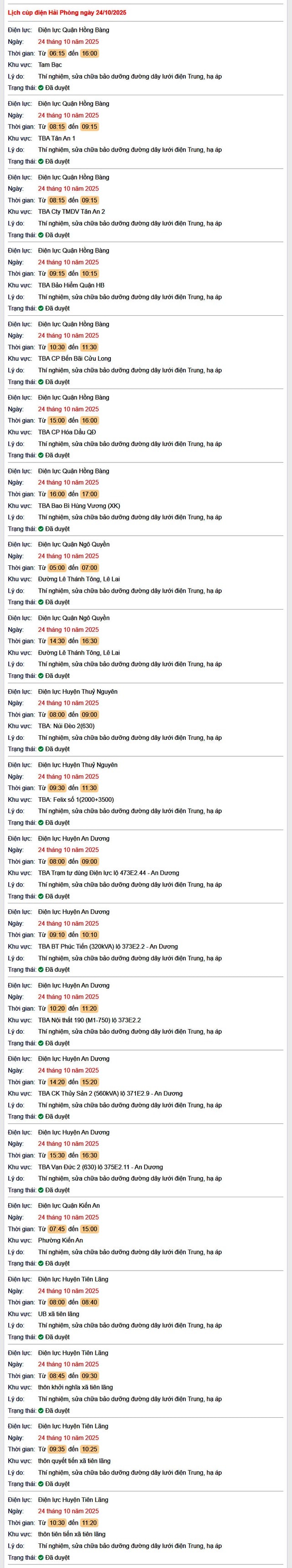Tra cứu lịch cắt điện Hải Phòng hôm nay Thứ 6 ngày 24/10/2025- Ảnh 1. Tra cứu lịch cắt điện Hải Phòng hôm nay Thứ 6 ngày 24/10/2025- Ảnh 1.