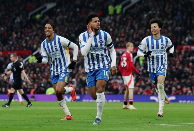 Các cầu thủ Brighton mừng bàn trong trận thắng Man Utd trên sân Old Trafford, thành phố Manchester, Vương quốc Anh ngày 19/1/2025. Ảnh: Reuters