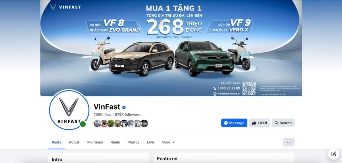 Fanpage ôtô điện do VinFast vận hành. Ảnh: chụp màn hình