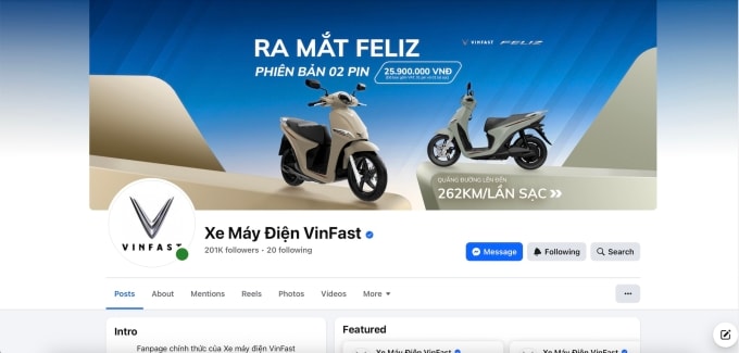 Giao diện fanpage chính thức do VinFast vận hành. Ảnh: chụp màn hình