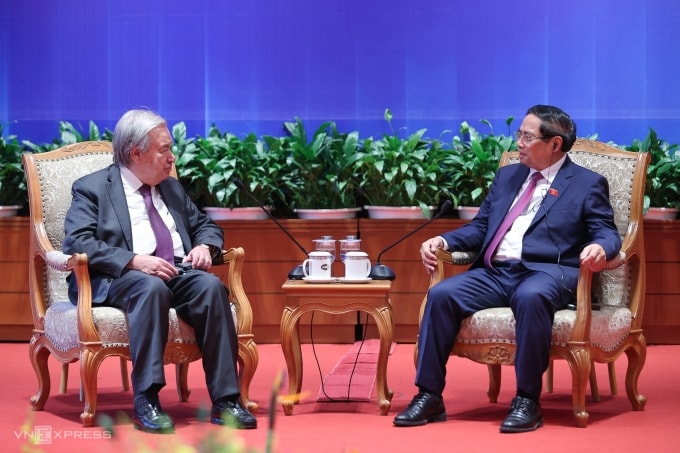 Thủ tướng Phạm Minh Chính hội kiến Tổng thư ký Liên Hợp Quốc Antonio Guterres. Ảnh: Giang Huy