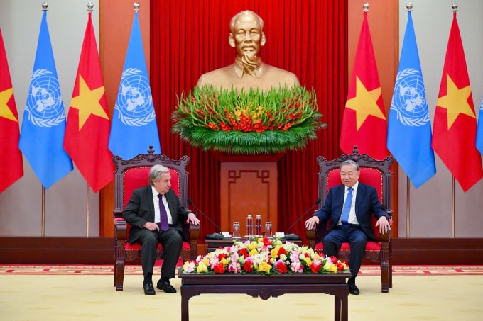 Tổng Bí thư Tô Lâm tiếp Tổng thư ký Liên Hợp Quốc Antonio Guterres. Ảnh: Giang Huy