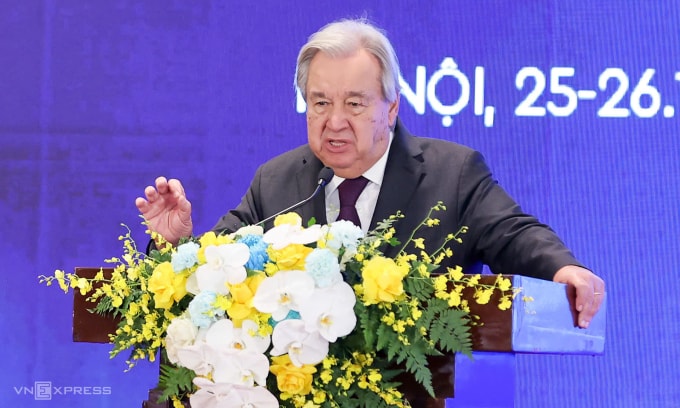Tổng thư ký Liên Hợp Quốc (LHQ) Antonio Guterres phát biểu tại cuộc họp báo ngày 25/10. Ảnh: Giang Huy