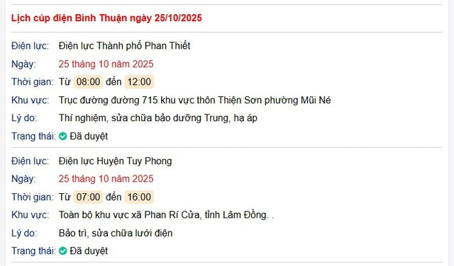 Tra cứu lịch cúp điện hôm nay Thứ 7 ngày 25/10/2025 tại Bình Thuận- Ảnh 1. Tra cứu lịch cúp điện hôm nay Thứ 7 ngày 25/10/2025 tại Bình Thuận- Ảnh 1.