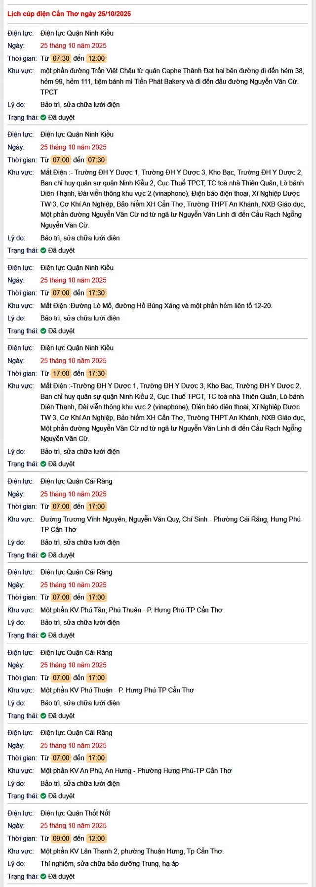 Tra cứu lịch cúp điện hôm nay Thứ 7 ngày 25/10/2025 tại Cần Thơ- Ảnh 1. Tra cứu lịch cúp điện hôm nay Thứ 7 ngày 25/10/2025 tại Cần Thơ- Ảnh 1.