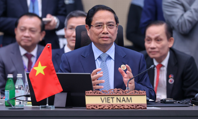 Thủ tướng Phạm Minh Chính phát biểu tại Hội nghị Cấp cao ASEAN - Mỹ tại Malaysia hôm 26/10. Ảnh: VGP
