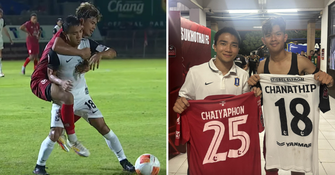 Chanathip Songkrasin (áo trắng) va chạm với Chaiyaphon Otton, rồi đổi áo sau trận BG Pathum United thua Sukhothai 1-3, ở vòng 9 Thai League 1 2025-2026 tên sân Thalay Luang, Thái Lan ngày 26/10/2025. Ảnh: Instagram/jaychanathip