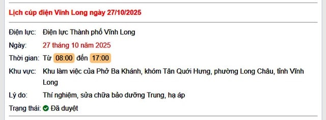 Tra cứu lịch cúp điện hôm nay Thứ 2 ngày 27/10/2025 tại Vĩnh Long- Ảnh 1. Tra cứu lịch cúp điện hôm nay Thứ 2 ngày 27/10/2025 tại Vĩnh Long- Ảnh 1.