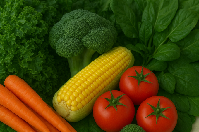 Bổ sung rau xanh, thực phẩm giàu chất dinh dưỡng hỗ trợ chăm sóc mắt loạn thị. Ảnh: AI