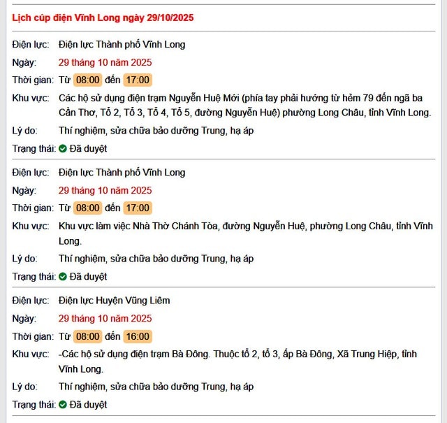 Tra cứu lịch cúp điện hôm nay Thứ 4 ngày 29/10/2025 tại Vĩnh Long- Ảnh 1. Tra cứu lịch cúp điện hôm nay Thứ 4 ngày 29/10/2025 tại Vĩnh Long- Ảnh 1.
