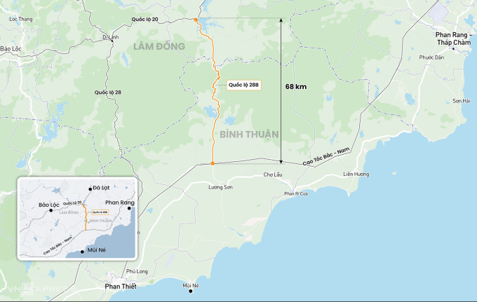 Hướng tuyến quốc lộ 28B qua đèo Đại Ninh. Đồ họa:Hoàng Chương