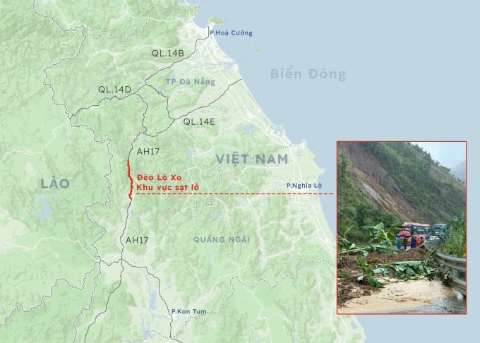 Khu vực sạt lở trên đèo Lò Xo - nơi khoảng 200 ôtô đang mắc kẹt từ ngày 26/10. Đồ họa: Hoàng Khánh
