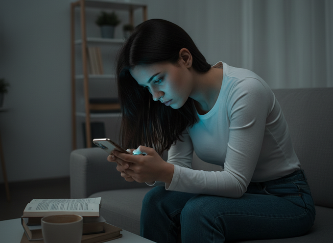 Cầm điện thoại với tư thế cúi đầu có thể là nguyên nhân hình thành căng thẳng, lo lắng. Ảnh được tạo bởi AI