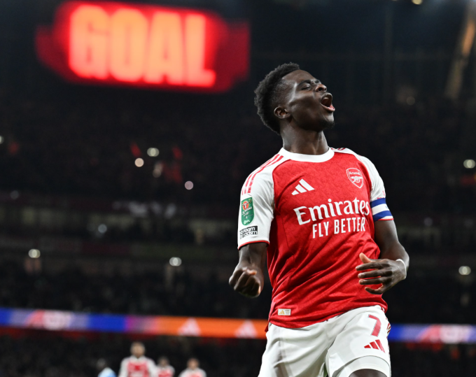 Bukayo Saka mừng bàn trong trận Arsenal thắng Brighton 2-0 ở vòng bốn Cup Liên đoàn trên sân Emirates, London, Anh ngày 29/10. Ảnh: Arsenal FC