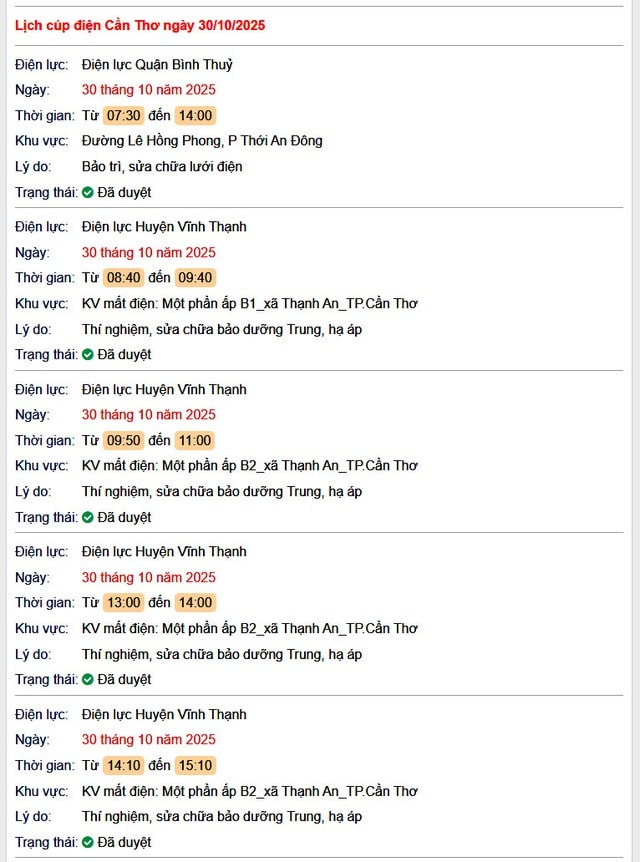 Tra cứu lịch cúp điện hôm nay Thứ 5 ngày 30/10/2025 tại Cần Thơ- Ảnh 1.