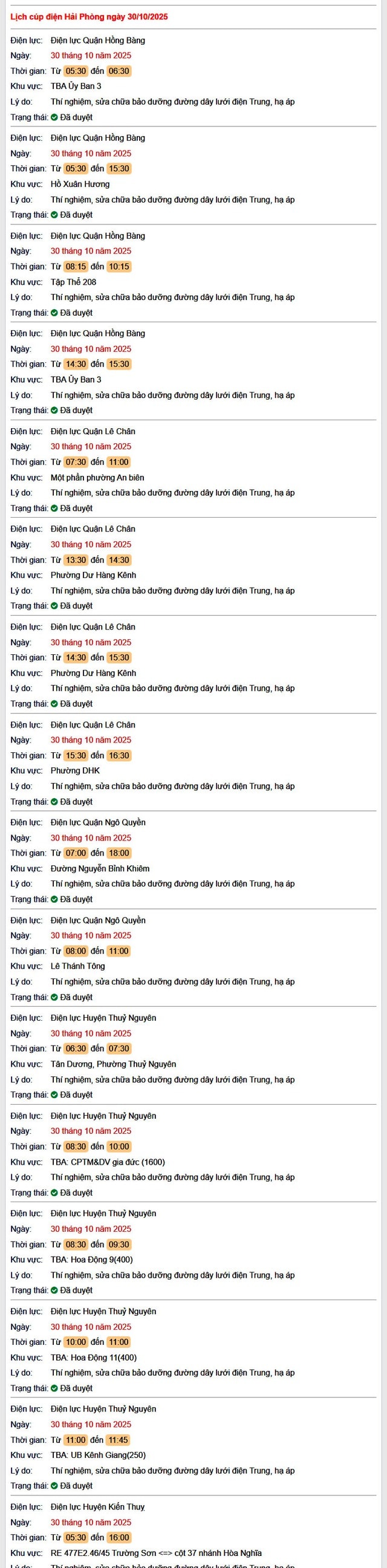 Tra cứu lịch cắt điện Hải Phòng hôm nay Thứ 5 ngày 30/10/2025- Ảnh 1.