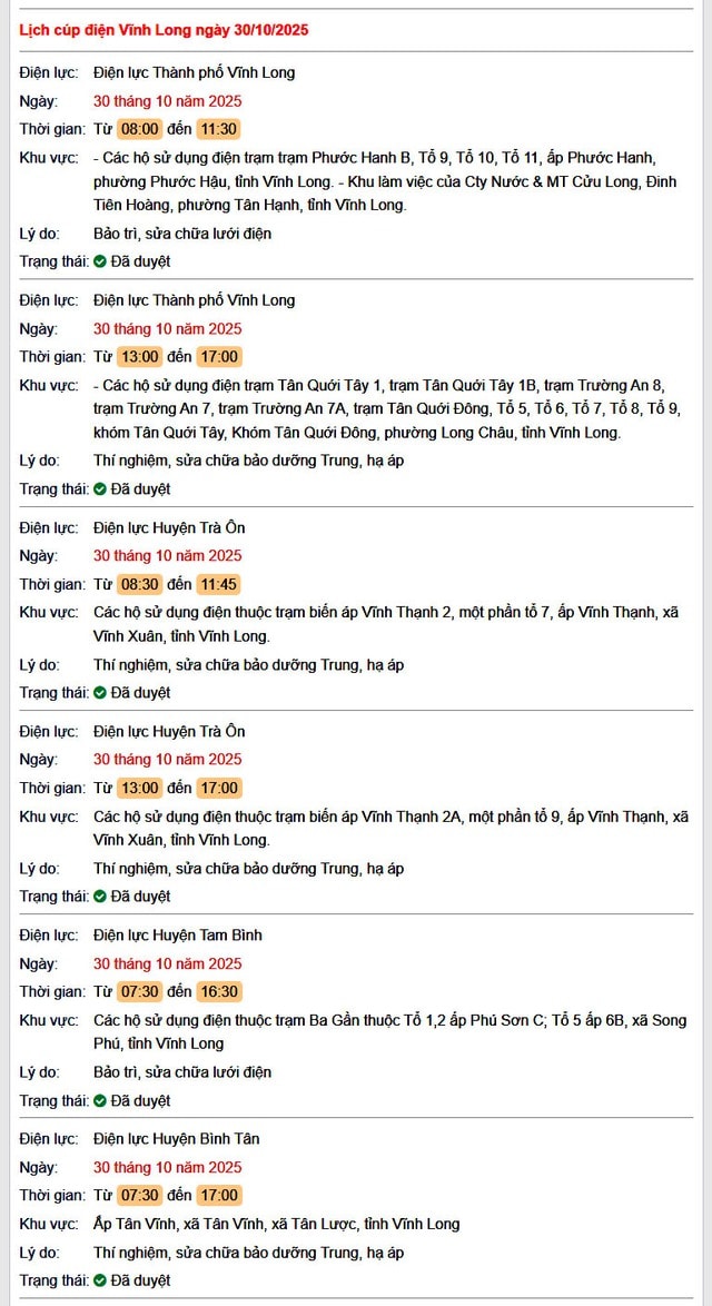 Tra cứu lịch cúp điện hôm nay Thứ 5 ngày 30/10/2025 tại Vĩnh Long- Ảnh 1.