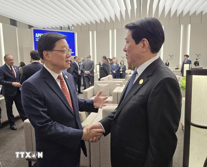 Chủ tịch nước Lương Cường gặp Trưởng đoàn Hong Kong (Trung Quốc) Lý Gia Siêu. (Ảnh: TTXVN phát)