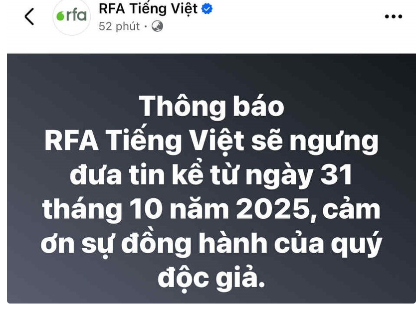 Thông báo tạm ngừng hoạt động của RFA tiếng Việt.