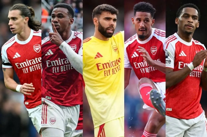Nhóm ngũ hổ tướng của Arsenal ở hàng thủ. Từ trái qua: Calafiori, Magalhaes, Raya, Saliba và Timber. Ảnh: Marca