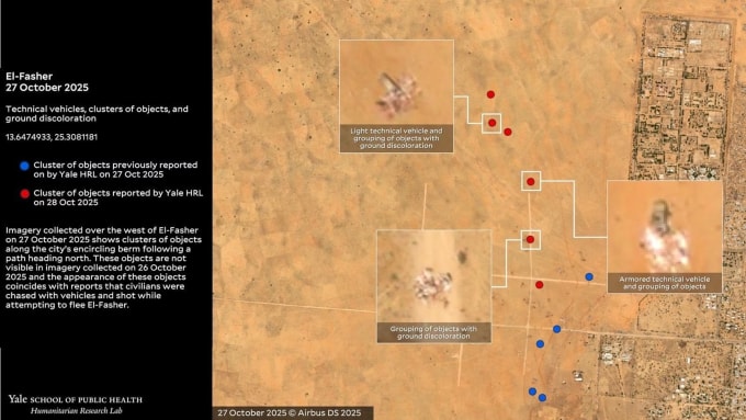 Hàng loạt cụm thi thể rải rác tại El-Fasher, Sudan, nhìn từ ảnh vệ tinh. Ảnh: HRL