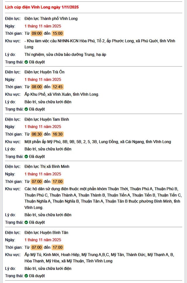 Tra cứu lịch cúp điện hôm nay Thứ 7 ngày 1/11/2025 tại Vĩnh Long- Ảnh 1.