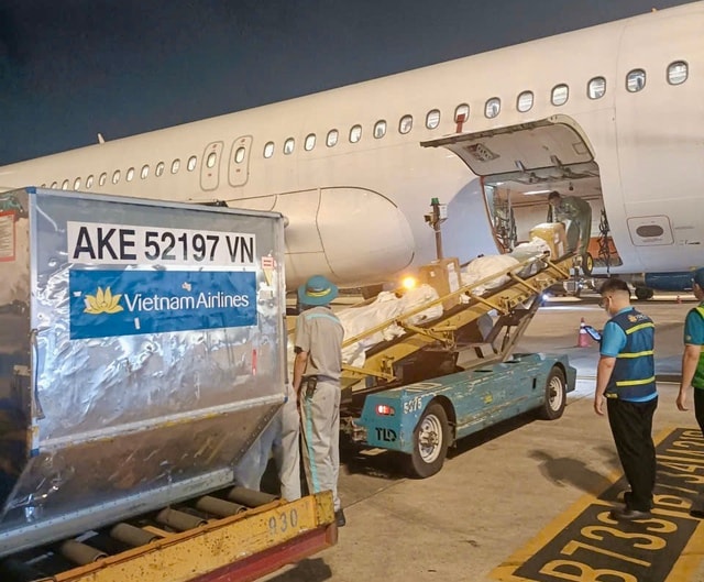 Chuyến bay Vietnam Airlines chở hàng hỗ trợ từ TP HCM đến miền Trung đã hạ cánh - Ảnh 1.