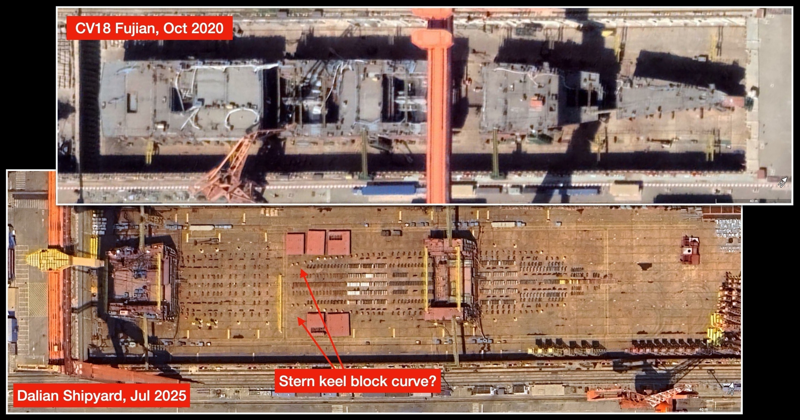 Hình ảnh ban đầu về siêu tàu sân bay tiếp theo của Trung Quốc đang được đóng tại Đại Liên. Ảnh Reddit