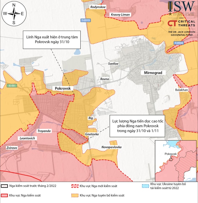 Cục diện chiến sự tại mặt trận Pokrovsk tính đến ngày 1/11. Đồ họa: ISW
