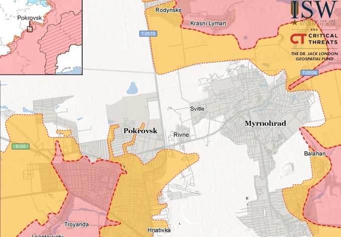Cục diện chiến sự quanh Pokrovsk và Mirnograd (Myrnohrad) tính đến ngày 30/10. Đồ họa: ISW