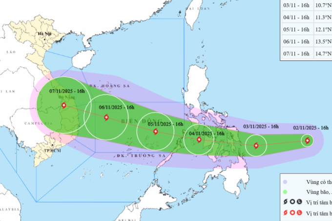 Dự báo hướng đi và vùng ảnh hưởng của bão Kalmaegi ngày 2/11. Ảnh: NCHMF
