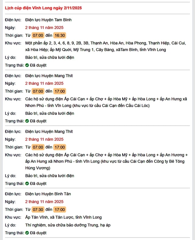 Tra cứu lịch cúp điện hôm nay Chủ Nhật ngày 2/11/2025 tại Vĩnh Long- Ảnh 1. Tra cứu lịch cúp điện hôm nay Chủ Nhật ngày 2/11/2025 tại Vĩnh Long- Ảnh 1.
