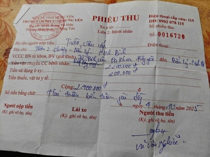 Phiếu thu 2,4 triệu đồng cho quãng đường 12km. Ảnh người nhà bệnh nhân cung cấp